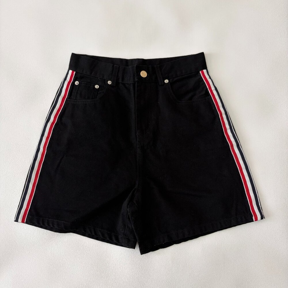 Designer Inspired Denim Shorts Womens XS Black Hi-Rise Side Striped 5 Pockets